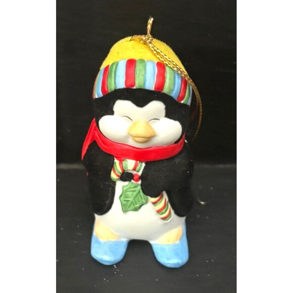 Vintage Hand-Painted Penguin Bell Christmas Ornament w Scarf Hat Porcelain Figur - Picture 3 of 12